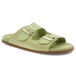 Zielone Klapki Hee Modne Skórzane Obuwie Damskie. Zielone klapki damskie Hee, na lato, bez wzorów, z zamszu, eleganckie, bez obcasa, bez zapięcia. Za 249.00 zł.