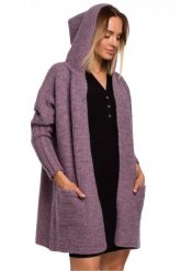 Kardigan oversize z wełną i obszernym kapturem wąskie rękawy wrzos. Kardigany damskie Polskie swetry, l, bez wzorów, z materiału, eleganckie, bez kołnierzyka. Za 289.00 zł.