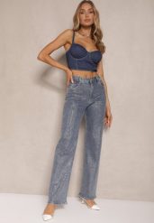 Niebieskie Jeansy Szerokie z Wiskozą i Bawełną High Waist Ozdobione Cyrkoniami Ellione. Niebieskie jeansy damskie Renee, z aplikacjami, z bawełny, z podwyższonym stanem. Za 199.99 zł.