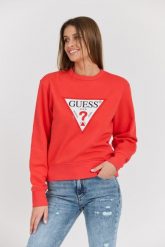 GUESS Czerwona damska bluza z dużym logo Original Fleece. Czerwone bluzy damskie Guess, s, z aplikacjami, z bawełny, bez ramiączek, bez kaptura. W wyprzedaży za 251.99 zł.