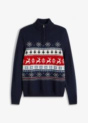 Sweter w norweski wzór, ze stójką. Niebieskie swetry męskie bonprix, m, bez wzorów, bez kołnierzyka, bez ramiączek. Za 129.99 zł.