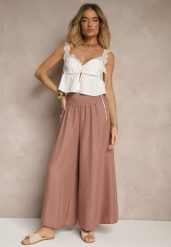 Brązowe Szerokie Spodnie High Waist z Elastycznymi Gumkami w Talii Varbia. Brązowe spodnie materiałowe damskie Renee, bez wzorów, z jeansu, eleganckie, z podwyższonym stanem. Za 39.99 zł.