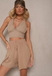 Beżowe Szorty z Bawełny High Waist Ozdobione Wiązaniem Selmio. Brązowe szorty damskie Renee, z aplikacjami, z bawełny, eleganckie, z podwyższonym stanem. Za 24.99 zł.