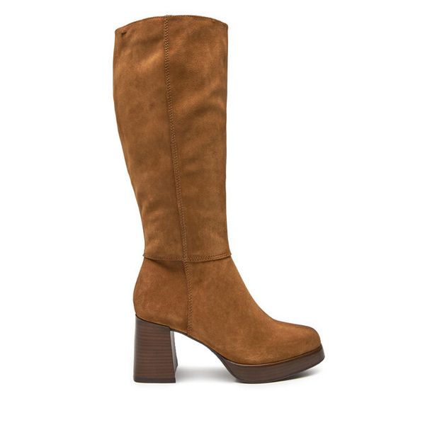 Kozaki Tamaris. Brązowe kozaki damskie Tamaris, bez wzorów, bez obcasa, na słupku, bez zapięcia. Za 589.99 zł.