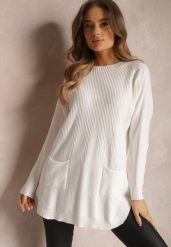 Biały Sweter z Naszytymi Kieszeniami Vezara. Białe swetry nierozpinane damskie Renee, s, bez wzorów, z dzianiny, casualowe, bez kołnierzyka, bez ramiączek. Za 34.99 zł.