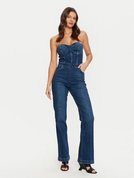 Guess Kombinezon W4PD1E D5JT1 Granatowy Regular Fit. Niebieskie sukienki damskie Guess, z aplikacjami, z bawełny, bez kołnierzyka, bez ramiączek. Za 429.99 zł.