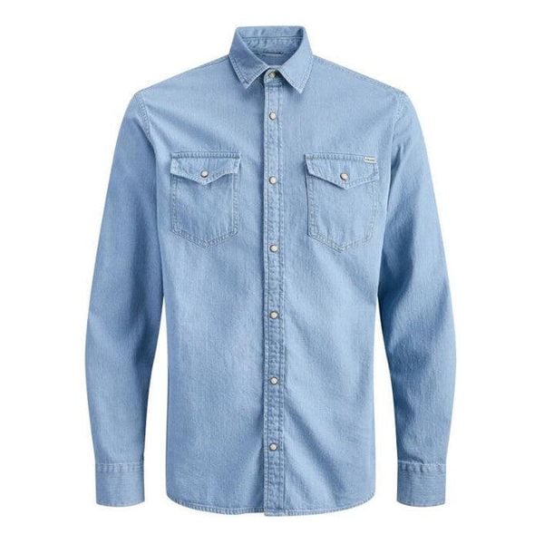 Koszula Jack & Jones Heridan niebieski dżins. Niebieskie koszule męskie Jack&Jones, uniwersalny, bez wzorów, z denimu, klasyczne, bez kołnierzyka, bez ramiączek. Za 172.50 zł.