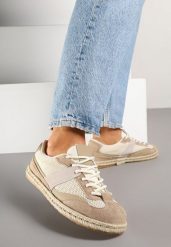 Ciemnobeżowe Sneakersy Typu Kultowe Tenisówki Zdobione Przeszyciami Grelloti. Brązowe trampki i tenisówki damskie Renee, z aplikacjami, z jeansu, bez zapięcia. Za 79.99 zł.
