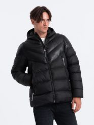 Nowoczesna pikowana kurtka męska z łączonych materiałów – czarna V1 OM-JAHP-0145 - S. Czarne kurtki męskie Ombre Clothing, m, bez wzorów, z materiału, bez kaptura. W wyprzedaży za 169.99 zł.
