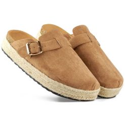 Zakryte klapki espadryle damskie ze sprzączką jasny brąz brązowe. Brązowe klapki damskie bez wzorów, casualowe, bez obcasa, bez zapięcia. Za 150.13 zł.