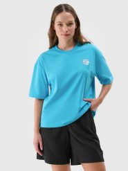 4F T-shirt oversize z nadrukiem damski - turkusowy XL. Niebieskie t-shirty damskie 4F, xl, bez wzorów, z bawełny, klasyczne, bez kołnierzyka, bez ramiączek. W wyprzedaży za 39.99 zł.