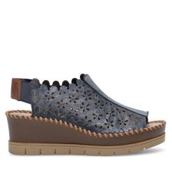 Sandały Rieker. Niebieskie sandały damskie Rieker, bez wzorów, bez obcasa, na koturnie, bez zapięcia. Za 339.99 zł.