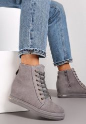 Szare Botki na Ukrytym Koturnie z Łańcuchem Mavenro. Szare botki damskie Renee, bez wzorów, z jeansu, eleganckie, bez obcasa, na koturnie, bez zapięcia. Za 69.99 zł.