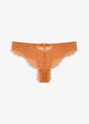Stringi z delikatną koronką. Brązowe majtki damskie bonprix, z koronki. Za 19.99 zł.