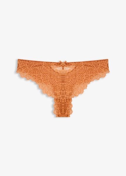 Stringi z delikatną koronką. Brązowe majtki damskie bonprix, z koronki. Za 19.99 zł.