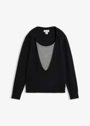 Cienki sweter w optyce warstwowego z mieszanki wiskozy. Czarne swetry nierozpinane damskie bonprix, bez wzorów, z wiskozy, bez kołnierzyka, bez ramiączek. Za 109.99 zł.