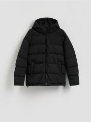 Pikowana kurtka z kapturem - czarny. Czarne kurtki męskie Reserved, l, bez wzorów, z tkaniny, z kapturem. Za 299.99 zł.