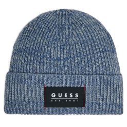 Czapka Guess. Niebieskie czapki męskie Guess, na zimę, z aplikacjami. Za 169.99 zł.