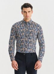 PAKO LORENTE - Granatowa koszula w kwiaty. Koszule męskie Pako Lorente, xl, bez wzorów, z bawełny, bez kołnierzyka, bez ramiączek. Za 119.99 zł.