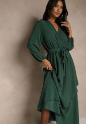 Zielona Asymetryczna Koktajlowa Sukienka z Wiskozą Kopertowym Dekoltem i Paskiem Laniea. Zielone sukienki damskie Renee, na imprezę, xl, bez wzorów, z wiskozy, eleganckie, z asymetrycznym kołnierzem, bez ramiączek, maxi, asymetryczne. Za 109.99 zł.