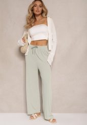 Jasnozielone Spodnie o Szerokim Kroju High Waist Ozdobione Sznurkami Harisna. Zielone spodnie materiałowe damskie Renee, z aplikacjami, z jeansu, z podwyższonym stanem. Za 34.99 zł.