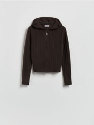 Kardigan z kapturem - brązowy. Brązowe kardigany damskie Reserved, l, bez wzorów, z dzianiny, bez kołnierzyka. Za 139.99 zł.