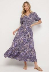Fioletowa Bawełniana Sukienka o Rozkloszowanym Kroju we Wzór Paisley Folurelle. Fioletowe sukienki damskie Born2be, na spotkanie biznesowe, l, bez wzorów, z bawełny, eleganckie, bez kołnierzyka, bez ramiączek, maxi, rozkloszowane. Za 54.99 zł.