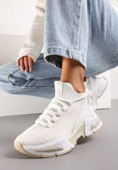 Białe Sneakersy Sportowe na Grubej Podeszwie ze Skarpetkową Cholewką Xille. Białe obuwie sportowe damskie Renee, bez wzorów, bez zapięcia, do biegania. Za 99.99 zł.