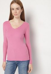Różowy Dopasowany Sweter z Nieregularnym Dekoltem w Serek Fenarela. Czerwone swetry nierozpinane damskie Born2be, m, bez wzorów, z jeansu, biznesowe, bez kołnierzyka, bez ramiączek. Za 49.99 zł.