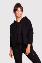 Trapezowa Bluza z Kapturem o Krótszym Kroju - Czarna. Czarne bluzy damskie MOE, l, bez wzorów, z bawełny, bez ramiączek, z kapturem. Za 228.90 zł.