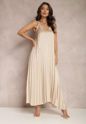 Beżowa Sukienka Ianima. Brązowe sukienki damskie Renee, na imprezę, na lato, bez wzorów, z satyny, eleganckie, bez kołnierzyka, bez ramiączek, maxi, rozkloszowane. Za 64.99 zł.