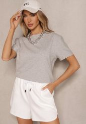 Szara Klasyczna Gładka Koszulka z Bawełny Detima. Szare bluzki damskie Renee, l, bez wzorów, z bawełny, klasyczne, bez kołnierzyka, bez ramiączek. Za 34.99 zł.