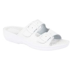 Vriston Buty damskie klapki regulowane fakirki masujące z kolcami Nadia białe. Białe klapki damskie bez wzorów, biznesowe, bez obcasa, bez zapięcia. Za 214.20 zł.