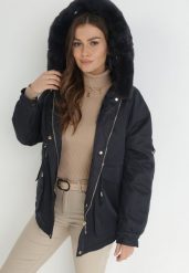 Granatowa Kurtka Nylonowa Parka z Odpinanym Futerkiem Beaten. Niebieskie kurtki damskie Born2be, l, z aplikacjami, z nylonu, bez kaptura. Za 329.99 zł.