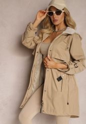 Beżowa Klasyczna Kurtka Parka z Troczkiem w Talii i Kapturem Zepha. Brązowe kurtki damskie Renee, xl, bez wzorów, z jeansu. Za 179.99 zł.
