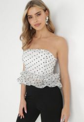 Biały Top z Falbanką Stay Here. Białe topy damskie Born2be, m, bez wzorów, z jeansu, bez kołnierzyka, bez ramiączek. Za 34.99 zł.