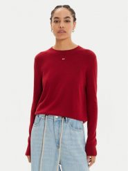 Tommy Jeans Sweter Essential DW0DW17254 Czerwony Regular Fit. Czerwone swetry nierozpinane damskie Tommy Jeans, s, bez wzorów, z bawełny, bez kołnierzyka, bez ramiączek. Za 219.99 zł.