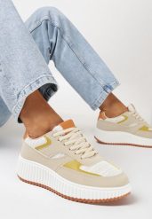 Beżowe Sneakersy na Grubej Podeszwie Ozdobione Brokatem Evllina. Brązowe obuwie sportowe damskie Born2be, bez wzorów, bez zapięcia. Za 99.99 zł.