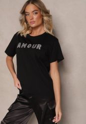 Czarny Bawełniany T-shirt z Napisem z Cekinami Marivinna. Czarne t-shirty damskie Renee, m, bez wzorów, z bawełny, eleganckie, bez kołnierzyka, bez ramiączek. Za 34.99 zł.
