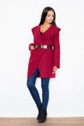 Bordowy Krótki Stylowy Płaszcz z Dużym Kołnierzem bez Zapięcia. Czerwone płaszcze damskie Figl, l, bez wzorów, z materiału, eleganckie, bez kołnierzyka, bez kaptura. Za 369.00 zł.