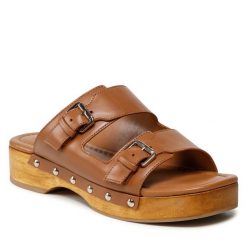 Klapki Dune London. Brązowe klapki damskie Dune London, bez wzorów, bez obcasa, bez zapięcia. Za 399.99 zł.