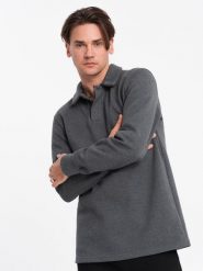 Bluza męska z kołnierzykiem polo ze strukturalnej dzianiny - grafitowy melanż V1 OM-SSNZ-0149 - XXL. Szare bluzy męskie Ombre Clothing, l, bez wzorów, z bawełny, bez ramiączek, bez kaptura. W wyprzedaży za 59.99 zł.