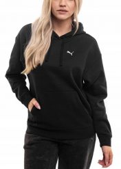 Bluza damska Puma ESS Comfort Hoodie FL. Czarne bluzy damskie Puma, s, bez wzorów, z bawełny, bez ramiączek, z kapturem. Za 168.99 zł.