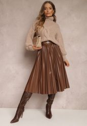 Brązowa Spódnica Plisowana z Imitacji Skóry Fayahe. Brązowe spódnice damskie Renee, do pracy, l, bez wzorów, ze skóry, biznesowe, midi, koszulowe. Za 149.99 zł.