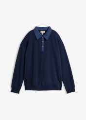 Bluza dresowa oversize z jeansowym kołnierzykiem z mieszanki bawełny. Niebieskie bluzy damskie bonprix, bez wzorów, z bawełny, bez ramiączek, bez kaptura. Za 109.99 zł.
