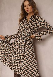 Beżowa Sukienka Koszulowa w Geometryczny Wzór Reimeza. Brązowe sukienki damskie Renee, na co dzień, l, bez wzorów, eleganckie, bez kołnierzyka, bez ramiączek, midi, koszulowe. Za 179.99 zł.