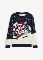 Sweter z bożonarodzeniowym motywem, z bawełną. Czarne swetry męskie bonprix, m, bez wzorów, z bawełny, bez kołnierzyka, bez ramiączek. Za 129.99 zł.