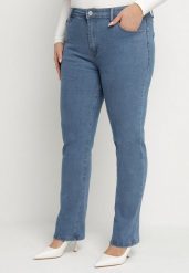 Niebieskie Jeansy z Wysokim Stanem Regular z Bawełną Olsemi. Niebieskie jeansy damskie Born2be, bez wzorów, z bawełny, z podwyższonym stanem, plus size. Za 59.99 zł.