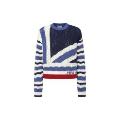 Sweter damski Pepe Jeans Harlow. Białe swetry nierozpinane damskie Pepe Jeans, na zimę, bez wzorów, z jeansu, eleganckie, bez kołnierzyka, bez ramiączek. Za 287.95 zł.