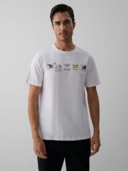 4F T-shirt regular z nadrukiem męski - biały L. Białe t-shirty męskie 4F, l, bez wzorów, z bawełny, bez kołnierzyka, bez ramiączek. Za 69.99 zł.